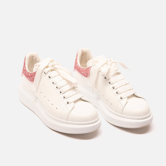 Alexander McQueen White Leather sneakers w/Pink Glitter Trim