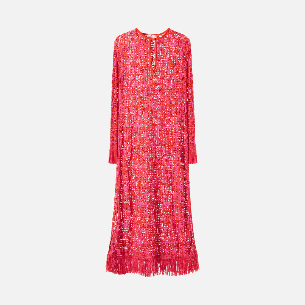 Etro Pink & Red Maxi Viscose Crochet Fringe Dress