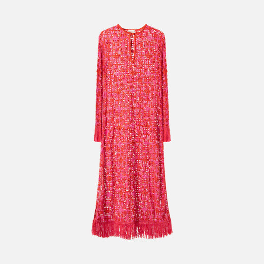 Etro Pink & Red Maxi Viscose Crochet Fringe Dress