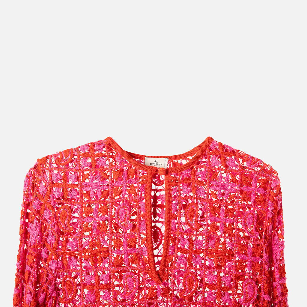 Etro Pink & Red Maxi Viscose Crochet Fringe Dress