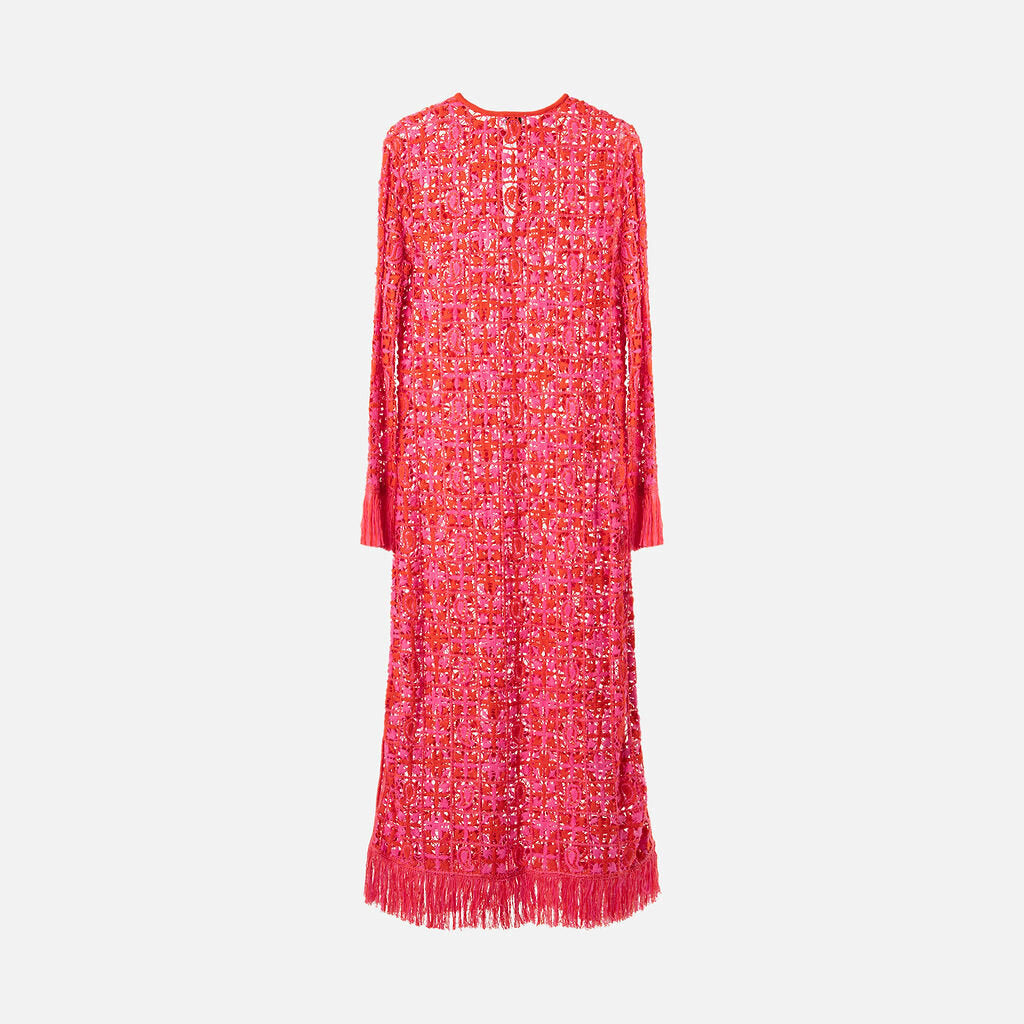 Etro Pink & Red Maxi Viscose Crochet Fringe Dress
