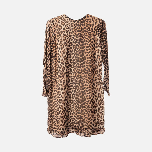 Ganni Leopard Print Polyester Ruffle Sleeve Hem Dress