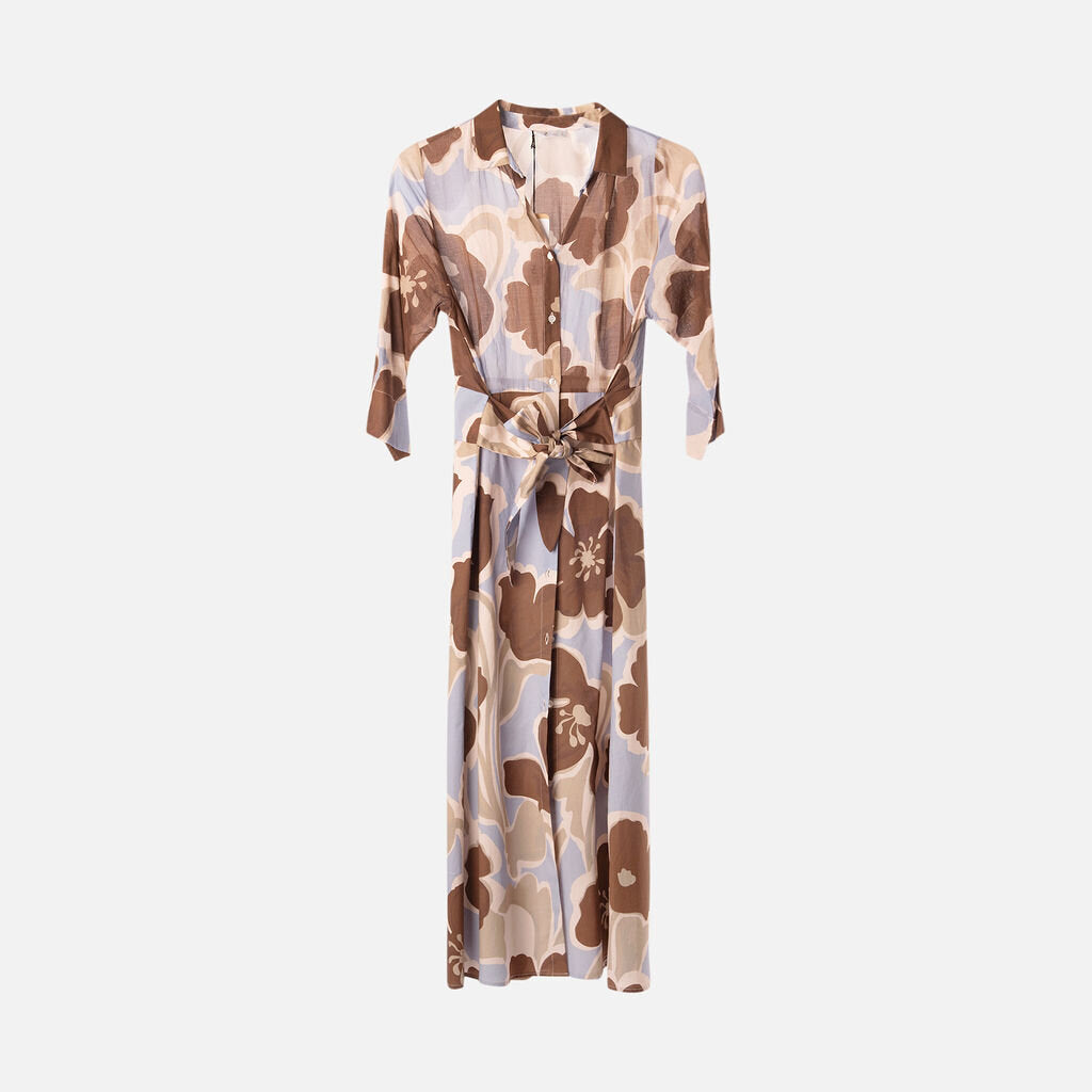 WHYCI Blue & Brown Cotton Pattern Belted Dress