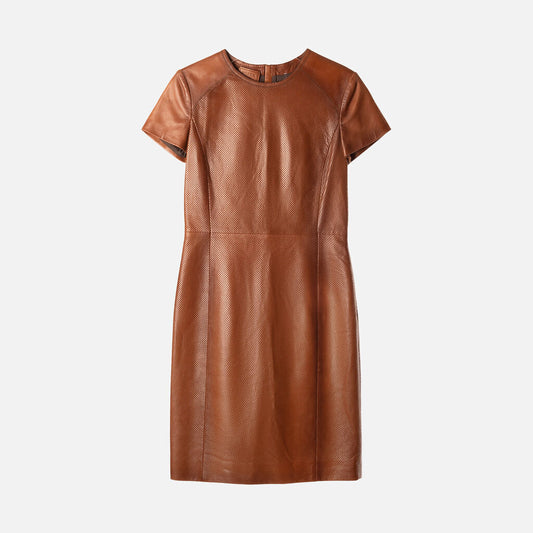 Prada Brown Leather Short Sleeve Dress