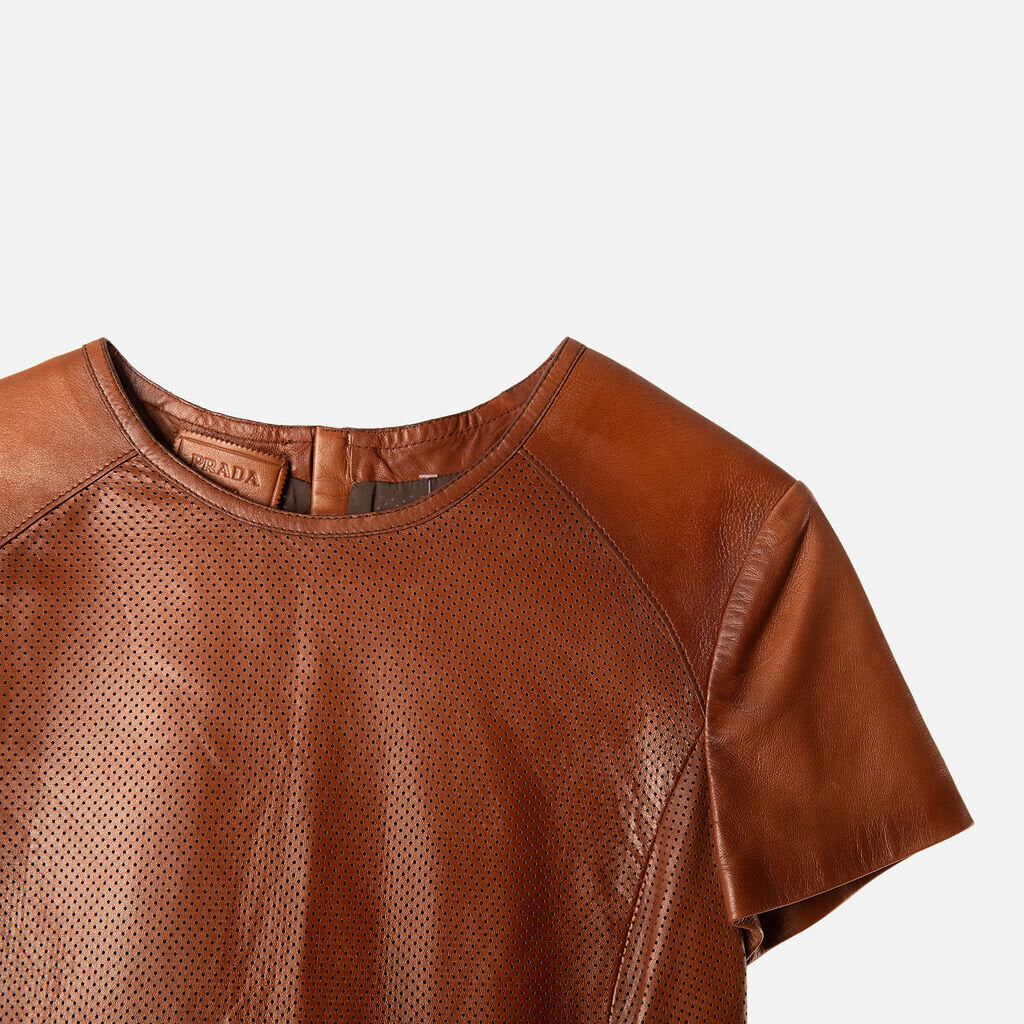 Prada Brown Leather Short Sleeve Dress