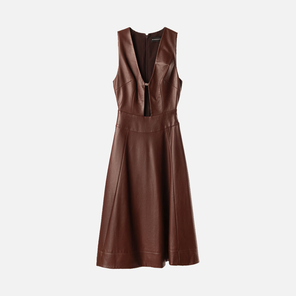 Brandon Maxwell Brown Leather V-Neck Dress