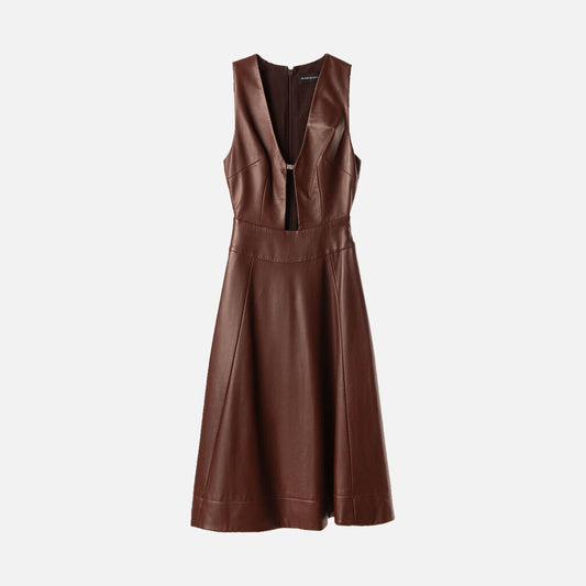 Brandon Maxwell Brown Leather V-Neck Dress