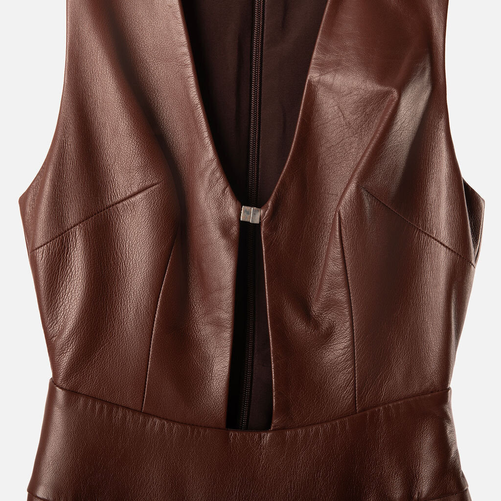 Brandon Maxwell Brown Leather V-Neck Dress