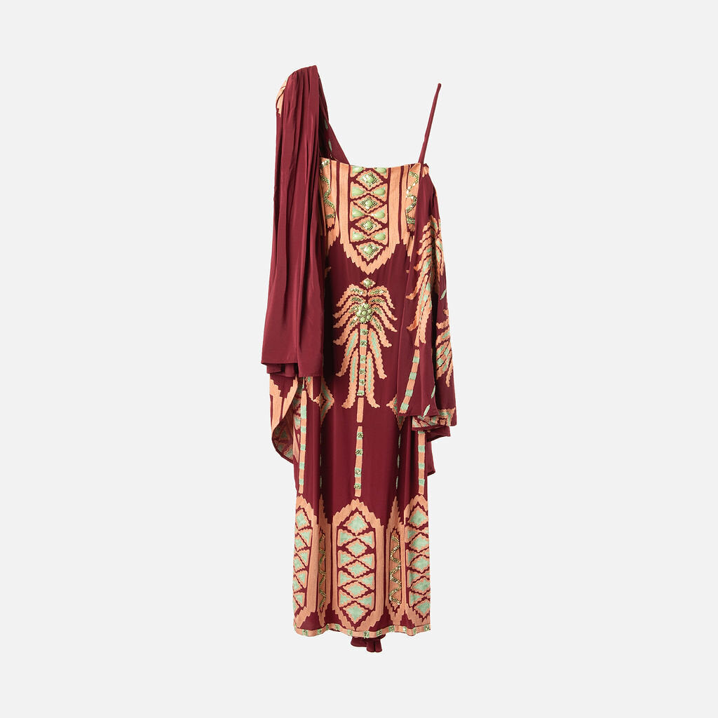 Johanna Ortiz Burgundy Silk Embroidered Cape Dress
