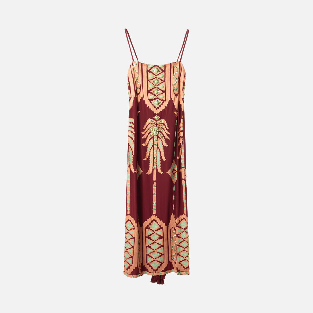 Johanna Ortiz Burgundy Silk Embroidered Cape Dress