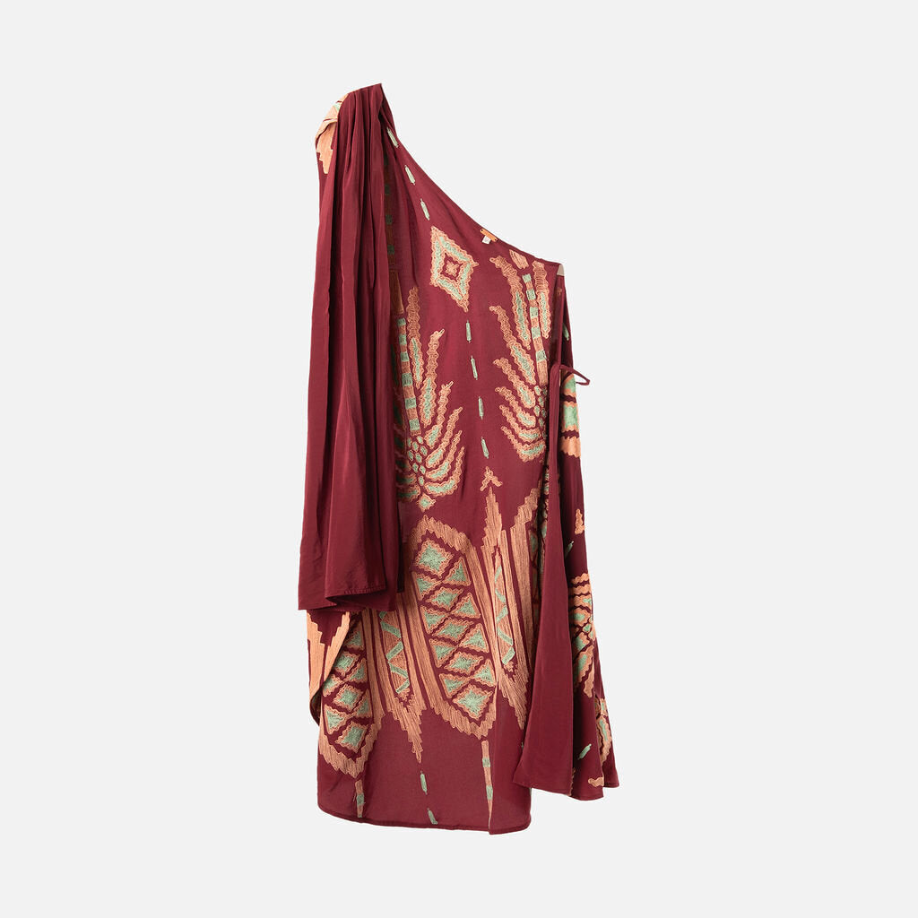 Johanna Ortiz Burgundy Silk Embroidered Cape Dress