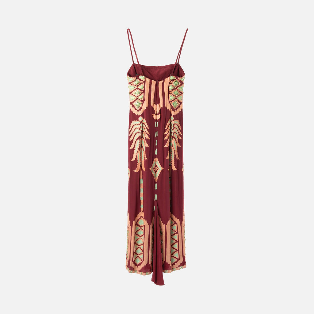 Johanna Ortiz Burgundy Silk Embroidered Cape Dress