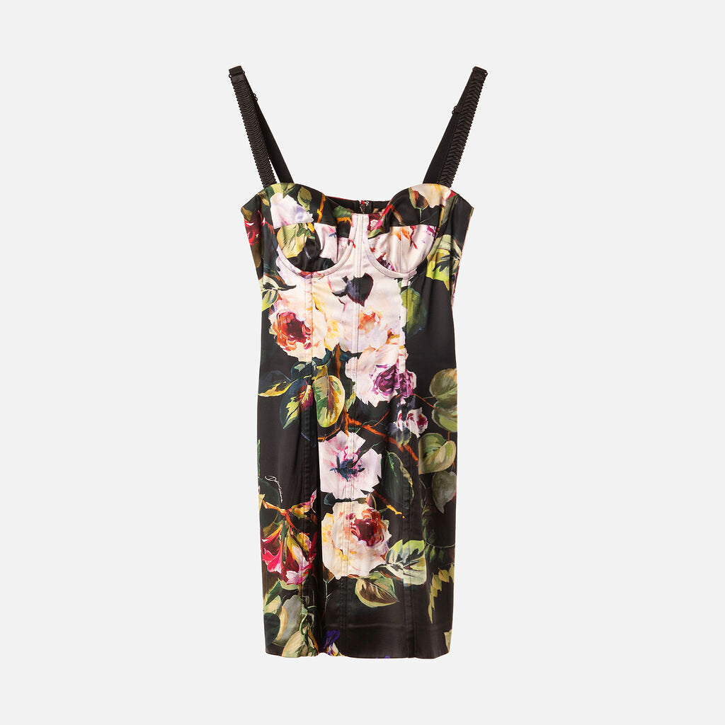 Dolce & Gabbana Black Floral Print Satin Mini Dress
