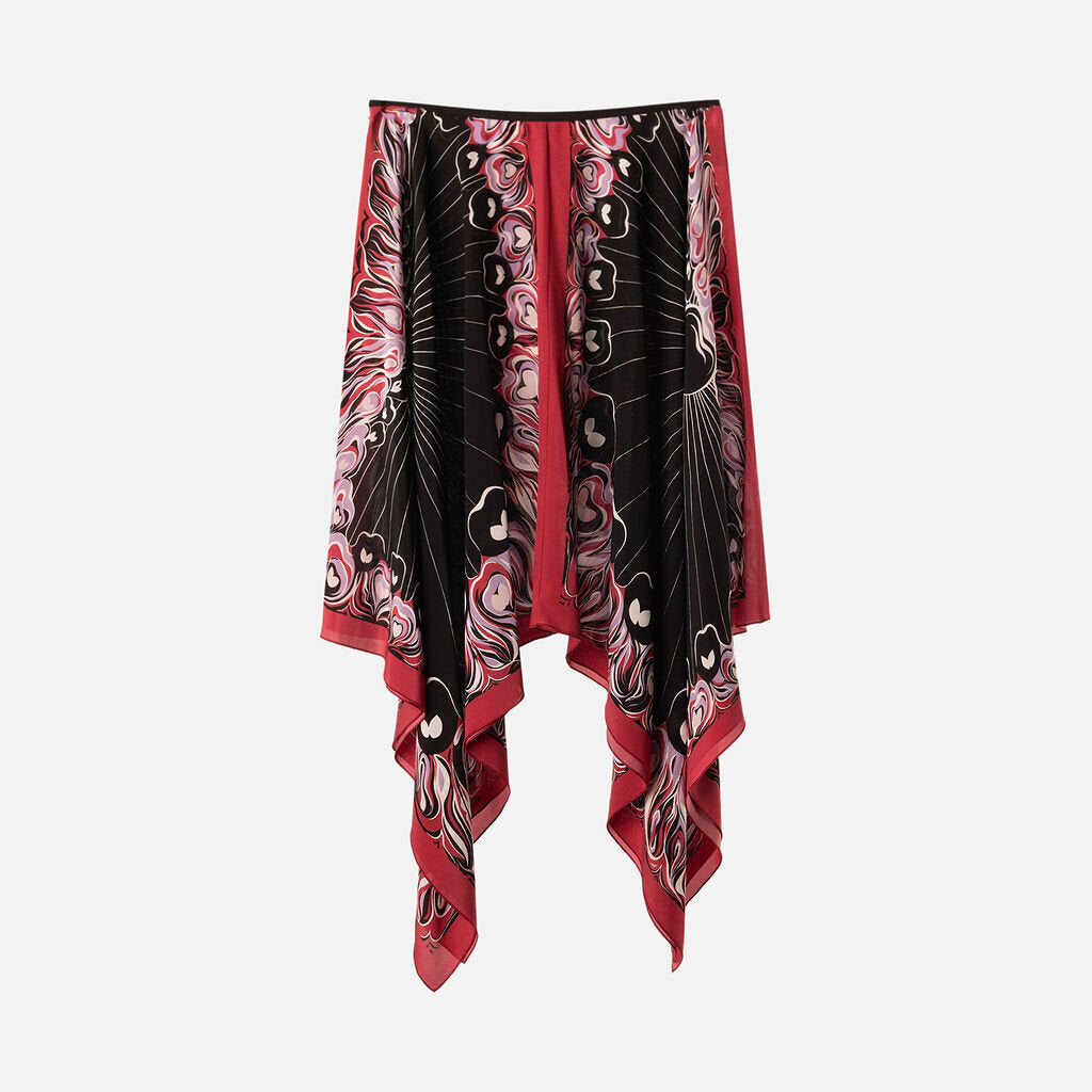 Longchamp Pink & Black Silk Print Asymmetrical Skirt