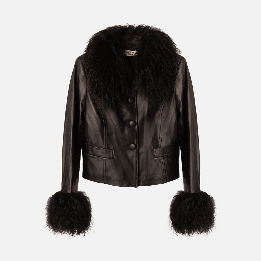 Maison Essentiele Black Leather Fur Trim Jacket
