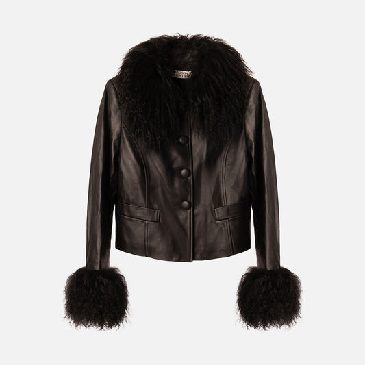 Maison Essentiele Black Leather Fur Trim Jacket