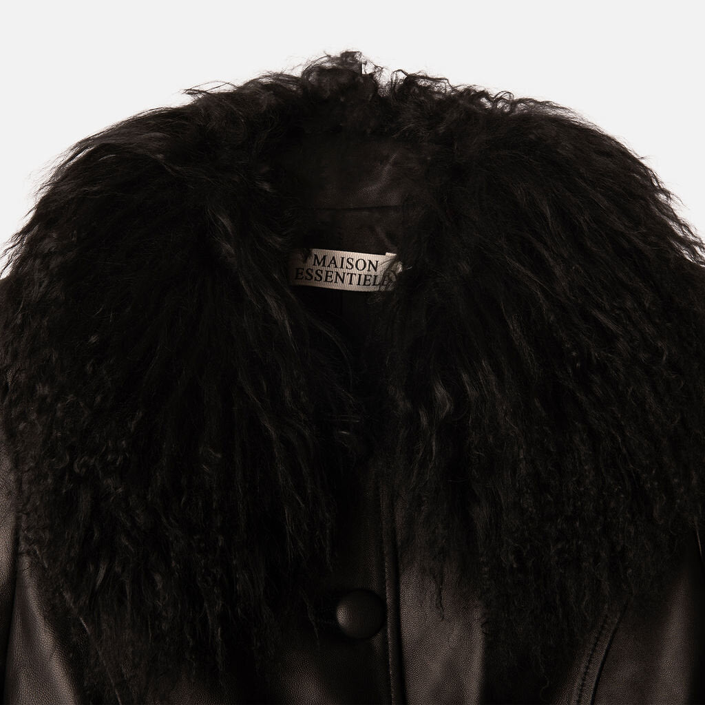 Maison Essentiele Black Leather Fur Trim Jacket