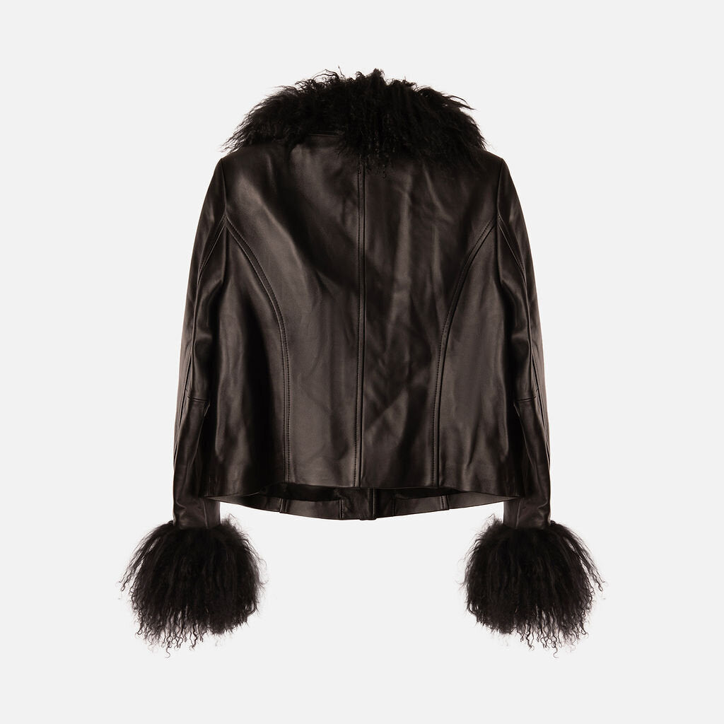 Maison Essentiele Black Leather Fur Trim Jacket