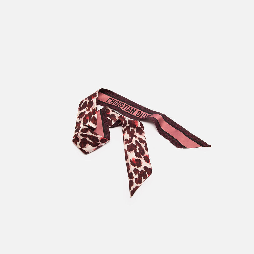 Christian Dior Burgundy Leopard Print Silk Twilly