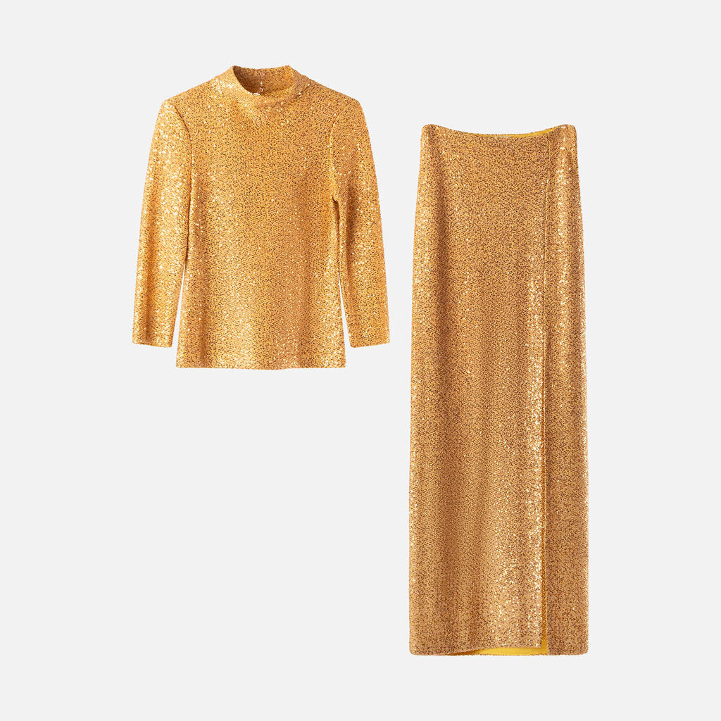 St John Gold Sequin Top & Skirt Set