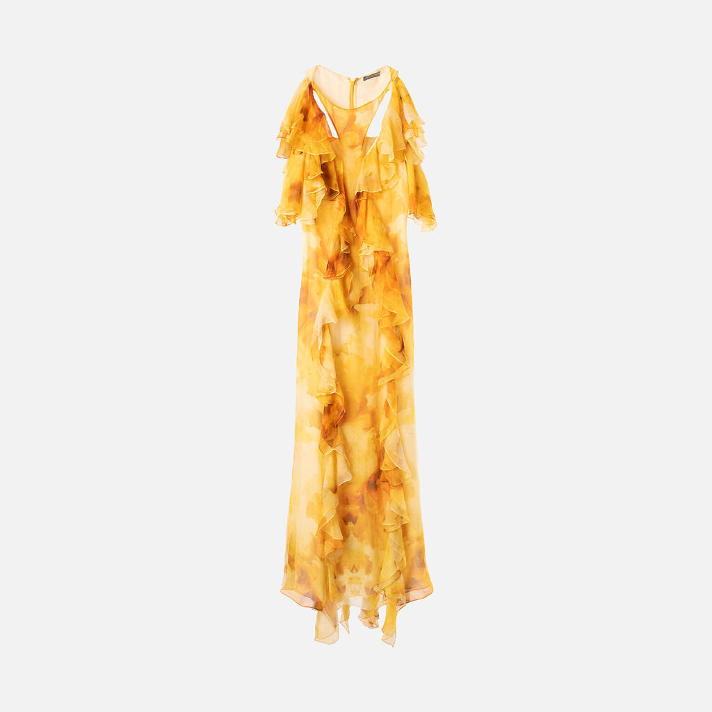 Alexander McQueen Yellow Silk Floral Ruffle Dress