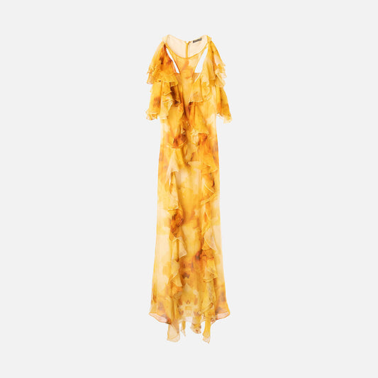 Alexander McQueen Yellow Silk Floral Ruffle Dress
