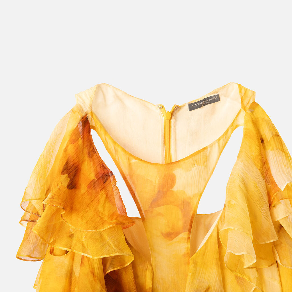 Alexander McQueen Yellow Silk Floral Ruffle Dress