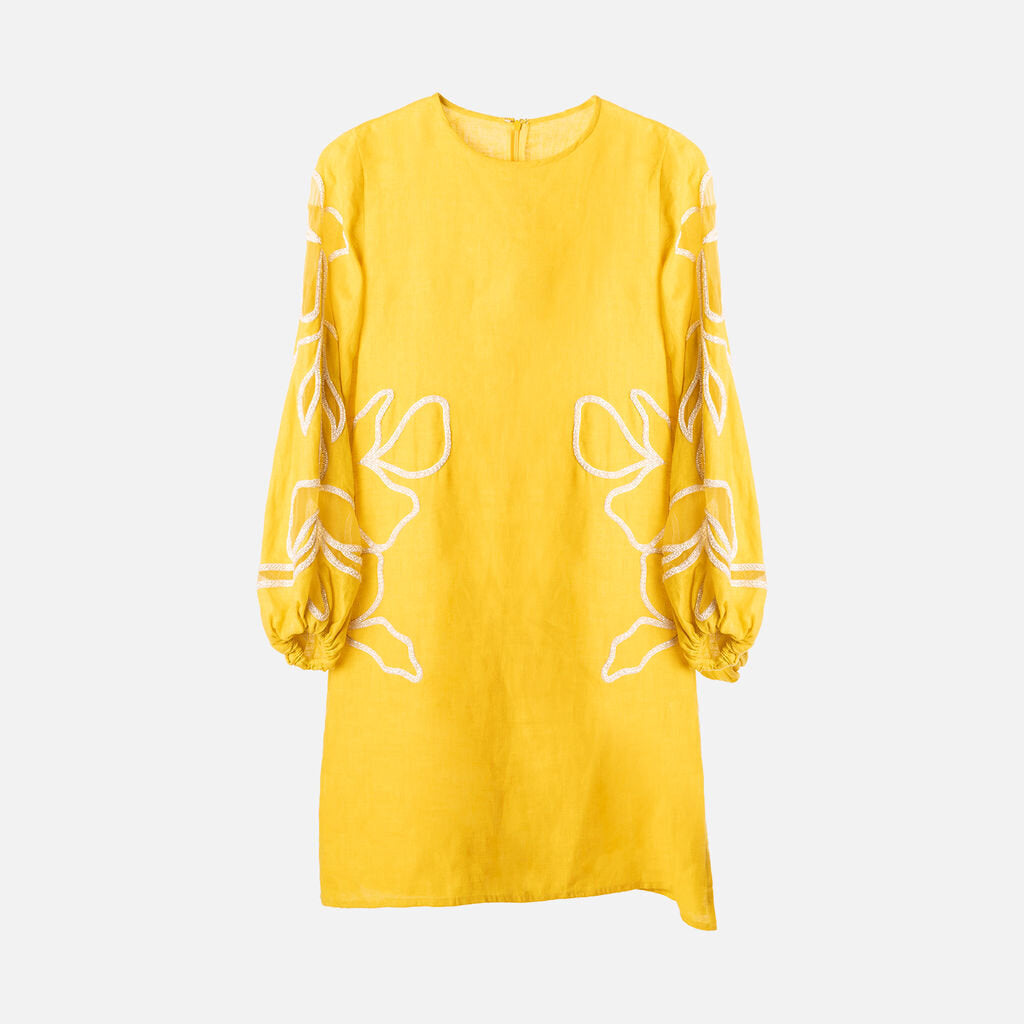 Luna Sole Yellow Linen Beaded Mini Dress