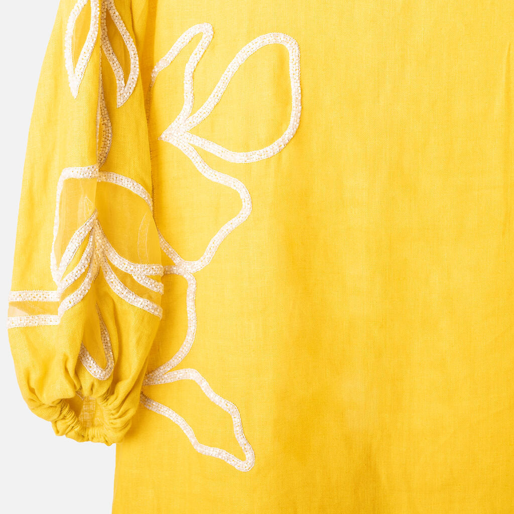Luna Sole Yellow Linen Beaded Mini Dress
