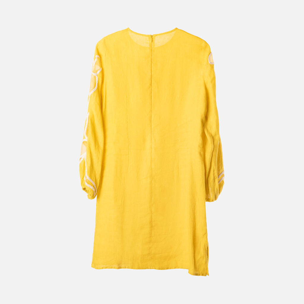 Luna Sole Yellow Linen Beaded Mini Dress