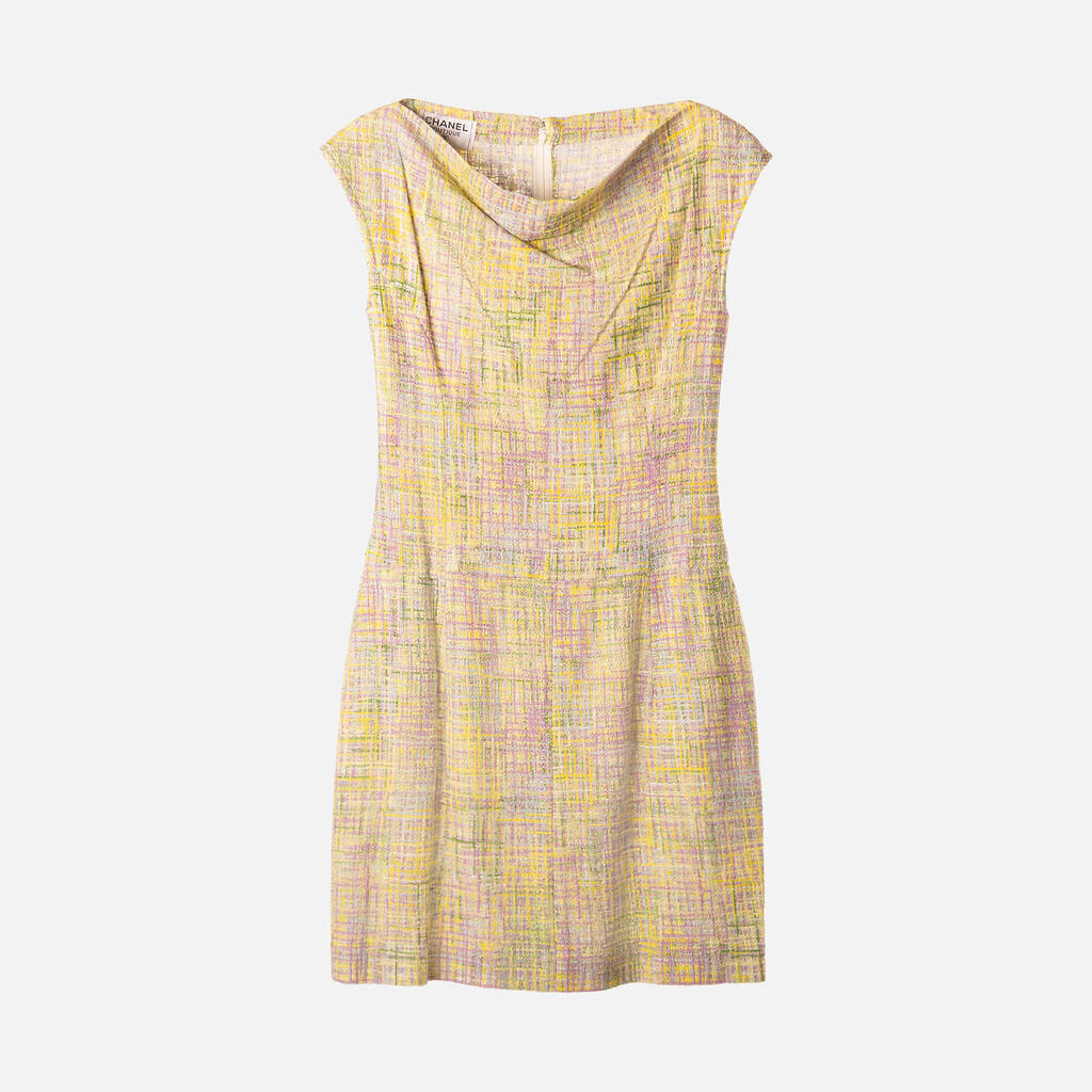 Chanel Runway Green, Yellow & Purple Tweed Boat Neck Mini Dress (1998)