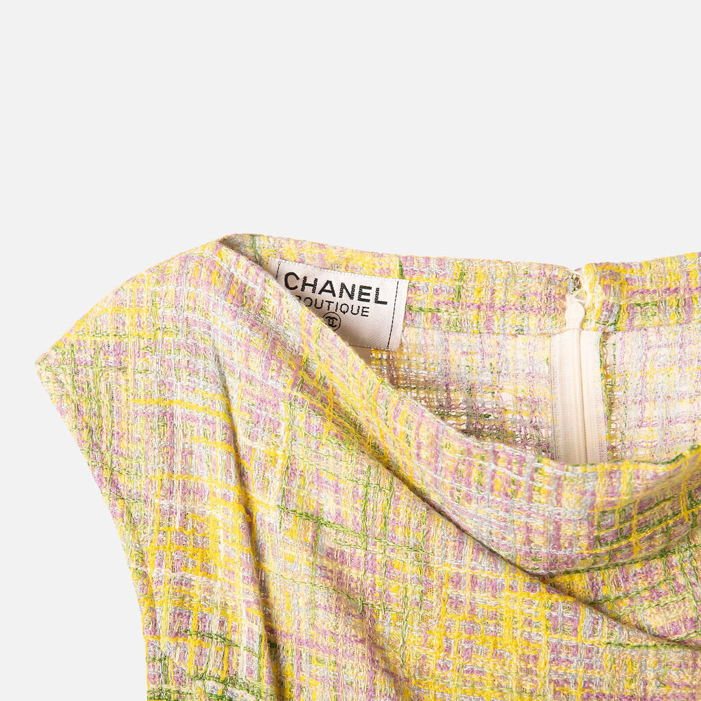Chanel Runway Green, Yellow & Purple Tweed Boat Neck Mini Dress (1998)