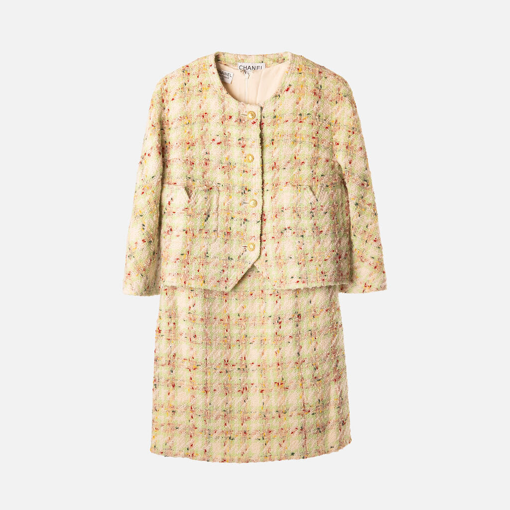 Chanel Rare Green Wool Blend Tweed Gold CC Button Jacket & Dress Set (1990)