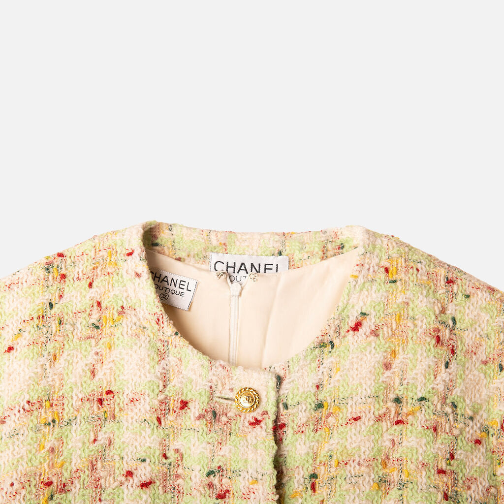 Chanel Rare Green Wool Blend Tweed Gold CC Button Jacket & Dress Set (1990)
