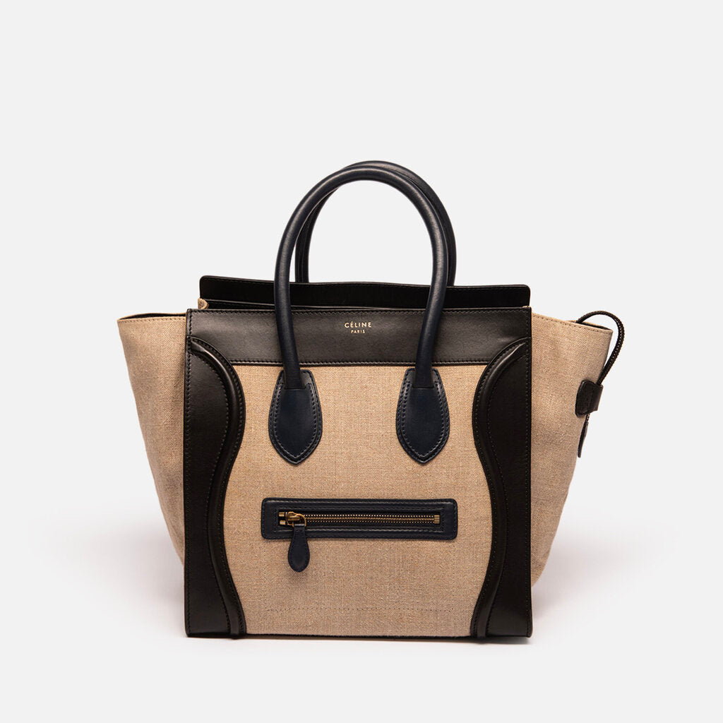 Celine Cream Linen & Black Mini Luggage Tote