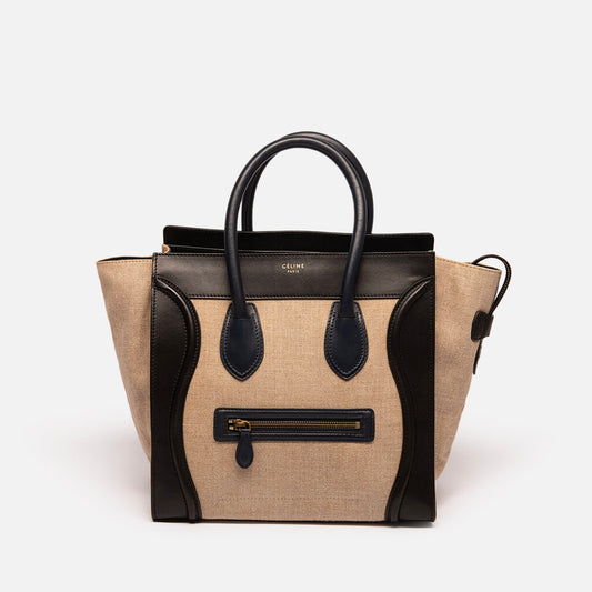 Celine Cream Linen & Black Mini Luggage Tote