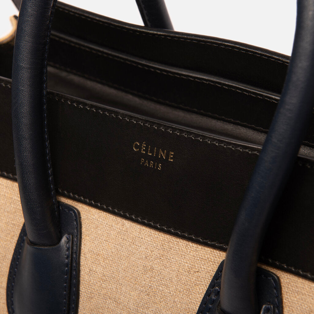 Celine Cream Linen & Black Mini Luggage Tote