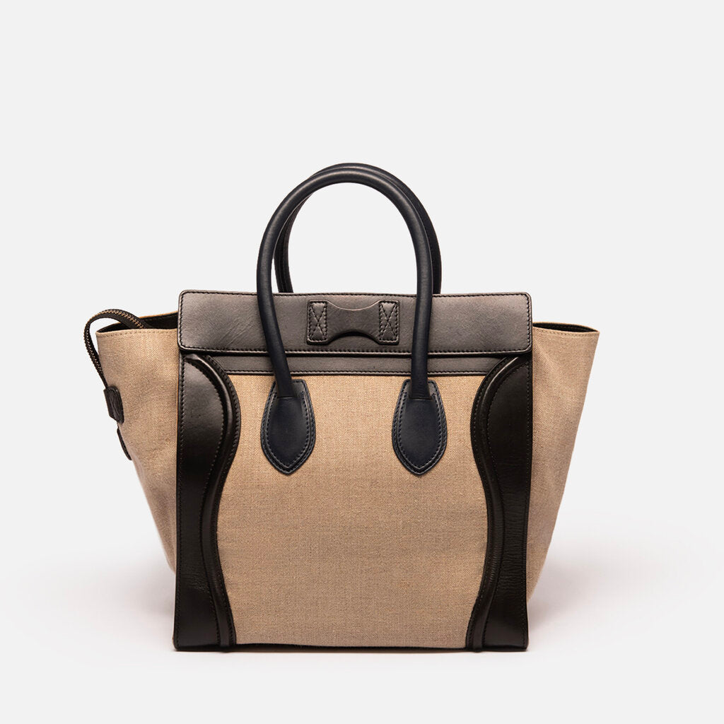 Celine Cream Linen & Black Mini Luggage Tote