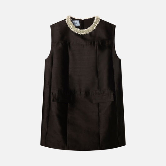 Prada Black Wool & Silk Beaded Collar Mini Dress (2025)