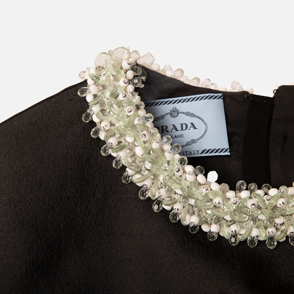 Prada Black Wool & Silk Beaded Collar Mini Dress (2025)