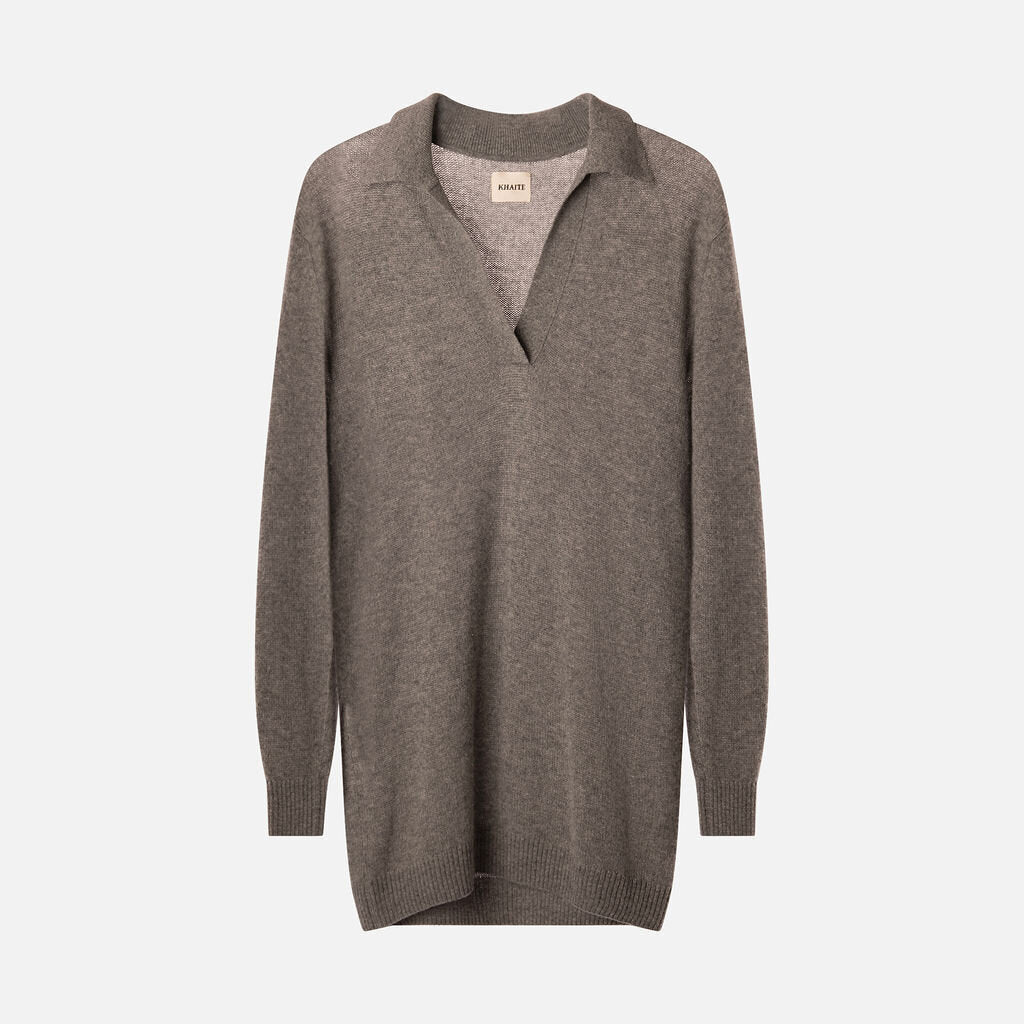 Khaite Grey Cashmere V-Neck Polo Sweater Dress