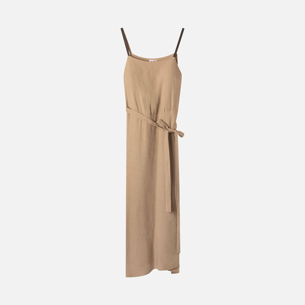 Brunello Cucinelli Tan Beaded Strap Midi Dress
