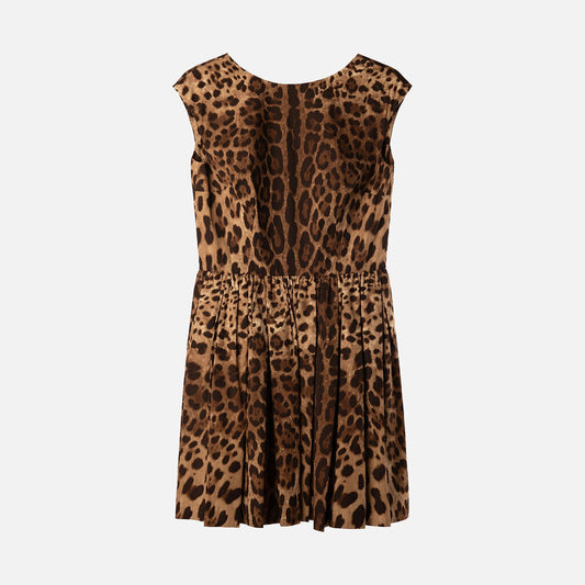 Dolce & Gabbana Leopard Print Cotton Pleated Mini Dress