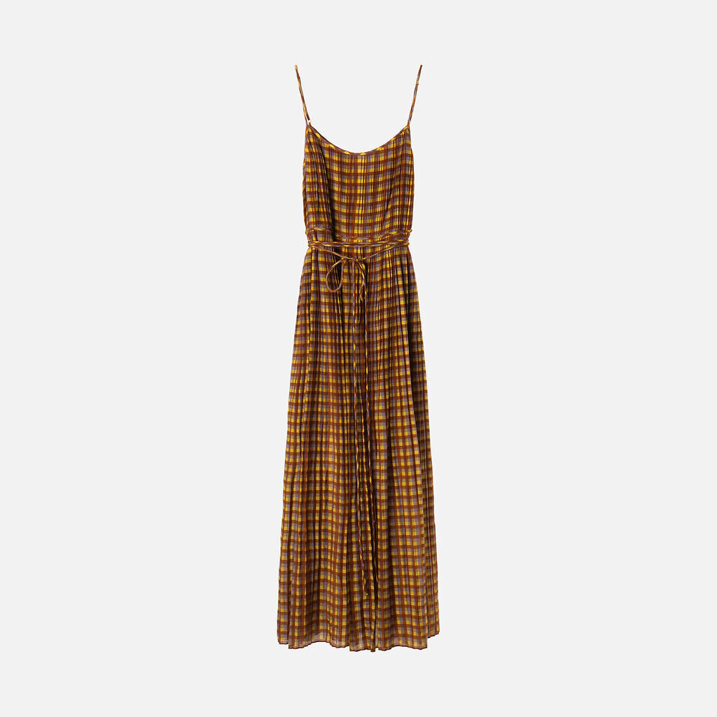 Tory Burch Brown & Yellow Gingham Cotton & Silk Pleated Dress
