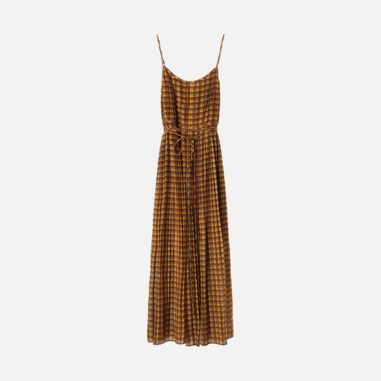 Tory Burch Brown & Yellow Gingham Cotton & Silk Pleated Dress