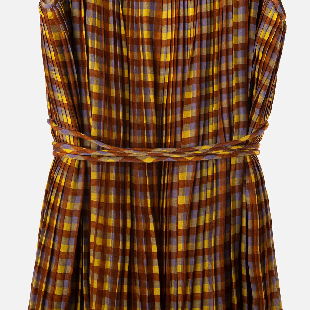 Tory Burch Brown & Yellow Gingham Cotton & Silk Pleated Dress