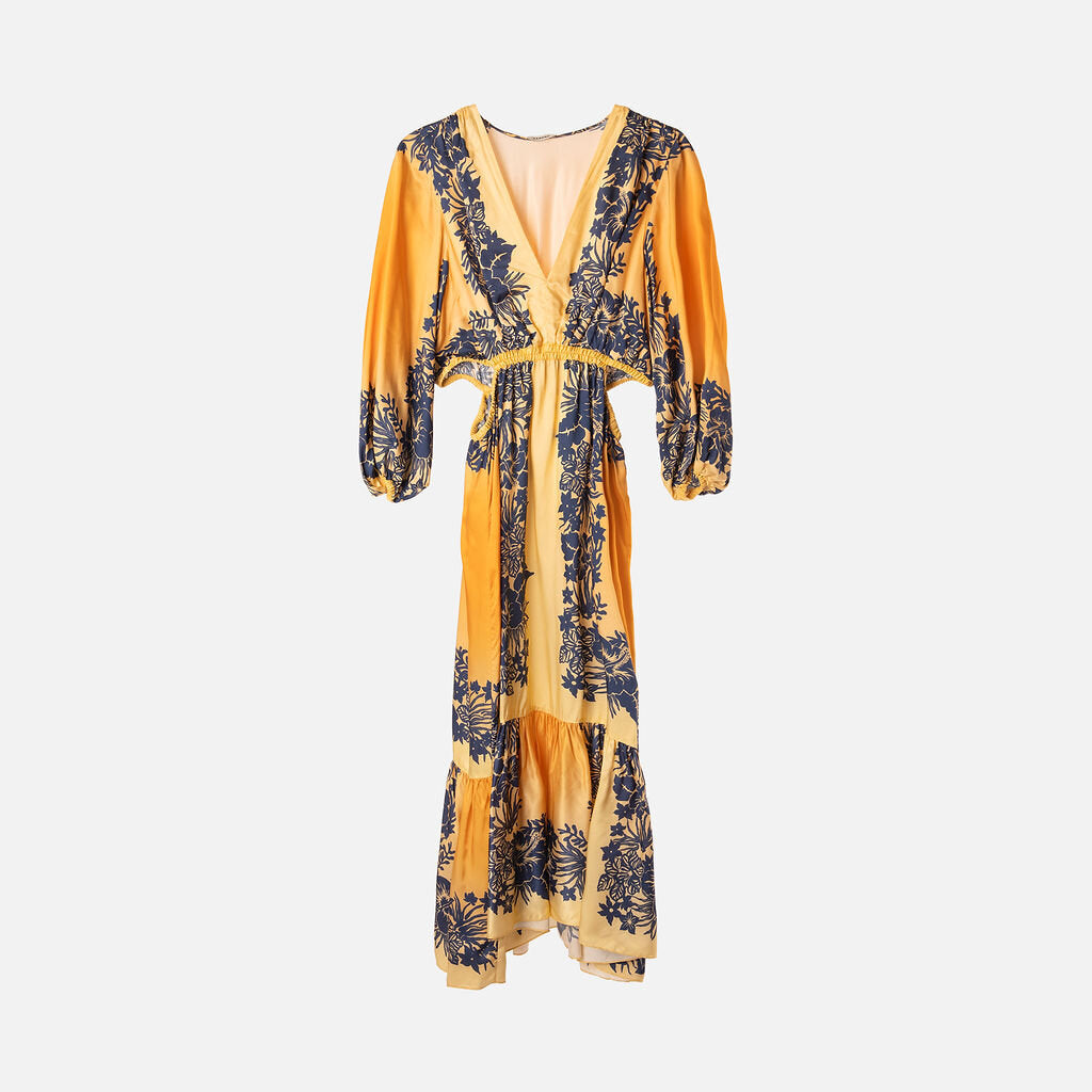 Sandro Yellow & Blue Poly Floral Midi Dress