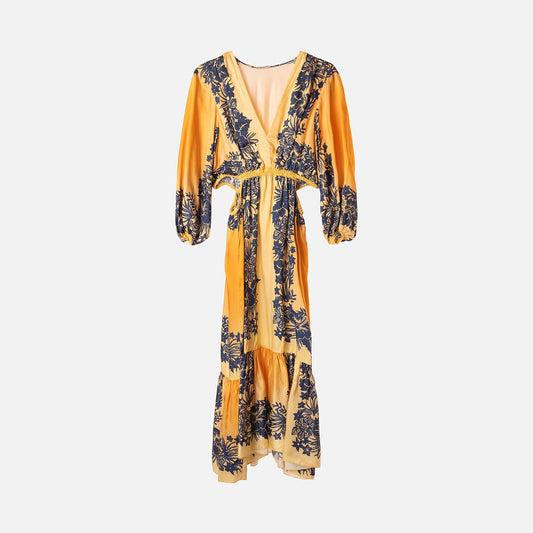 Sandro Yellow & Blue Poly Floral Midi Dress
