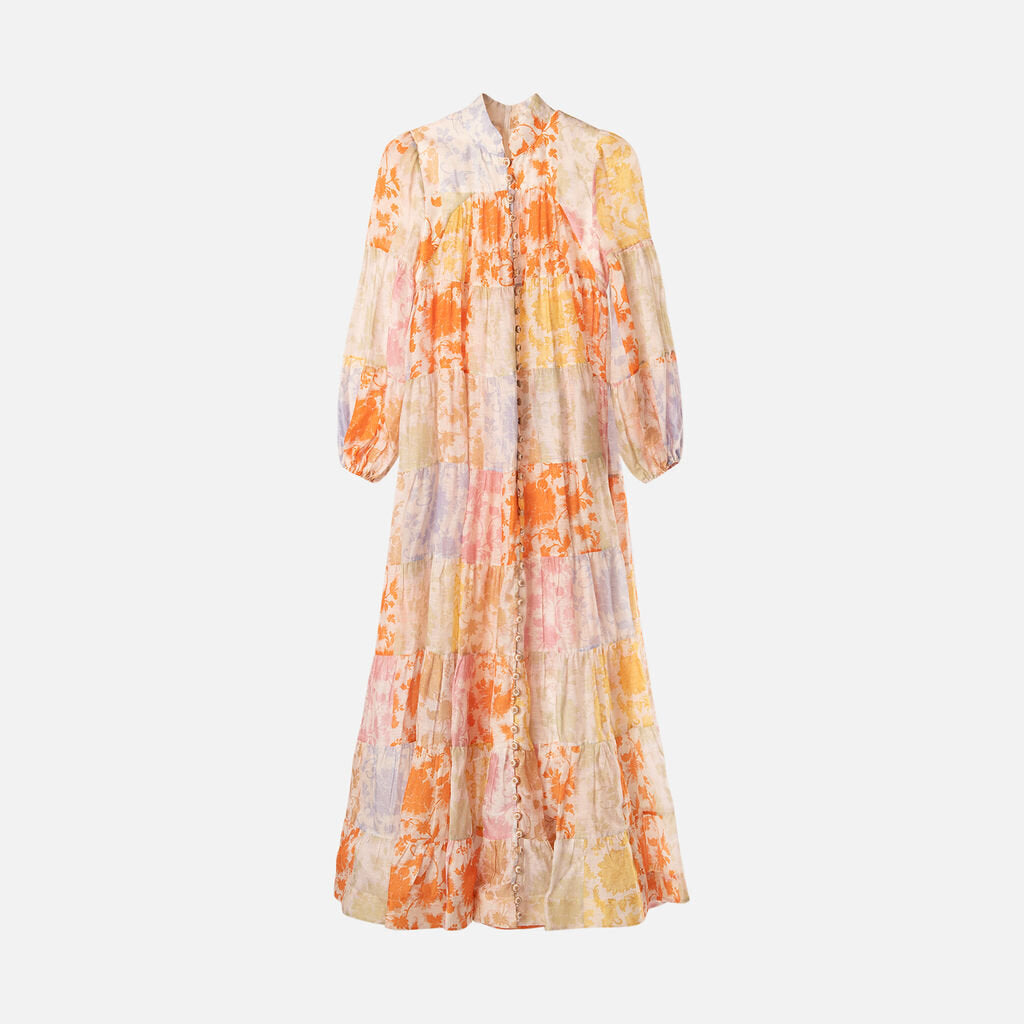 Zimmerman Multicolor Floral Linen Silk Tiered Maxi Dress