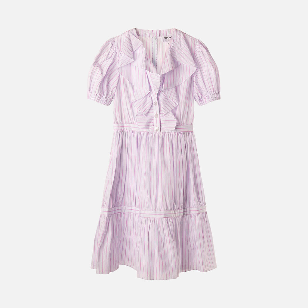 Chanel White & Pink Stripe Cotton Ruffle Mini Dress (2025)